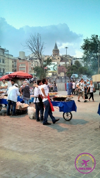 Galata Tower in the back and the delicious Turkey street food.