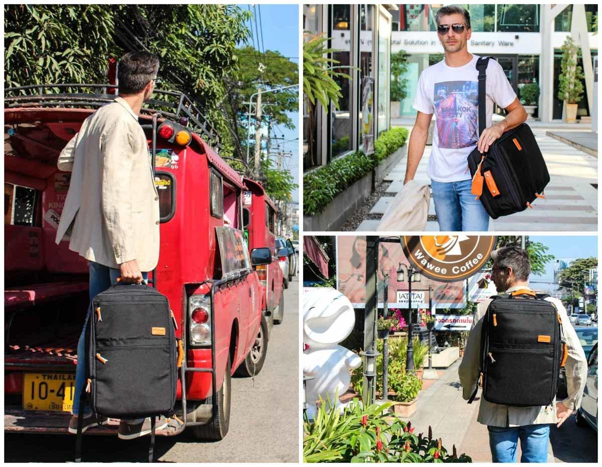 A Standard Luggage é uma mala de cabine 3 em 1, você pode usar como mochila, bolsa carteiro ou carregar com uma mala de bordo. 