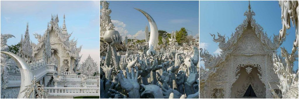 Os detalhes do Templo Branco em Chiang Rai contam a história do inferno e paraíso.