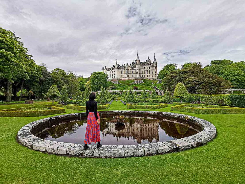 Dunrobin Castle has an enormous garden and the architecture resembles a French Chateau.