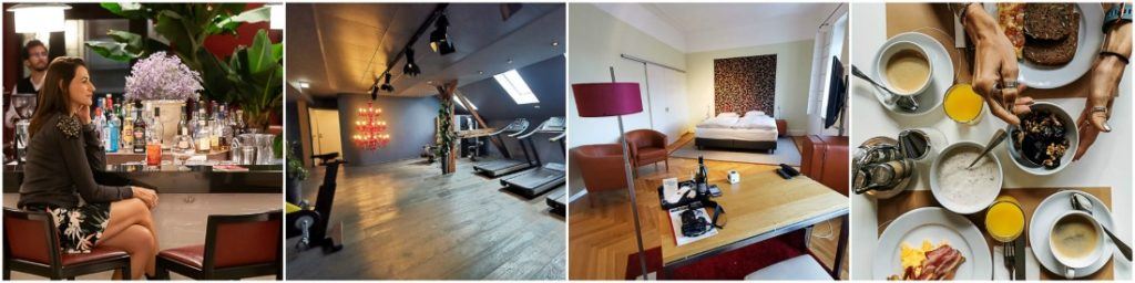 Uma montagem de fotos em diferentes ambientes do Hotel Weitzer, bar, academia, quarto e restaurante. Neste artigo falamos sobre tudo que você precisa saber para reservar seu hotel para o Ironman 70.3 Graz, Áustria.