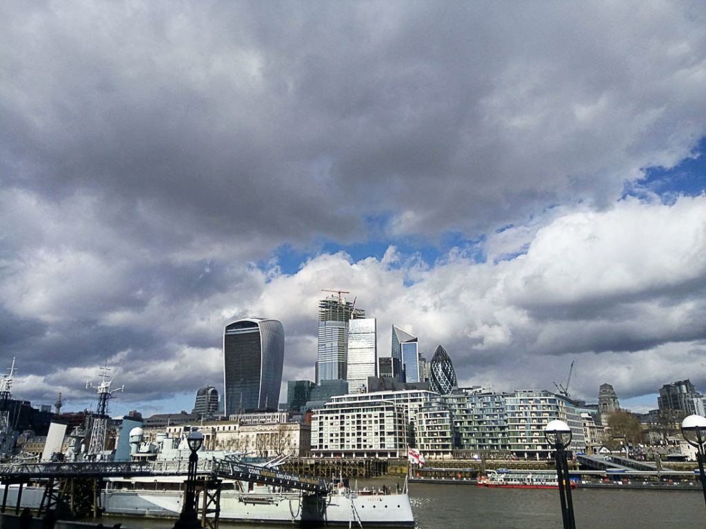 London Skyline during the day. All the information you need about the cost of a trip to the UK is in this complete travel guide.