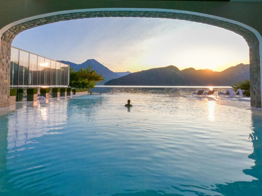 The infinity pool overlooking Lake Lucerne at Park Hotel Vitznau. 