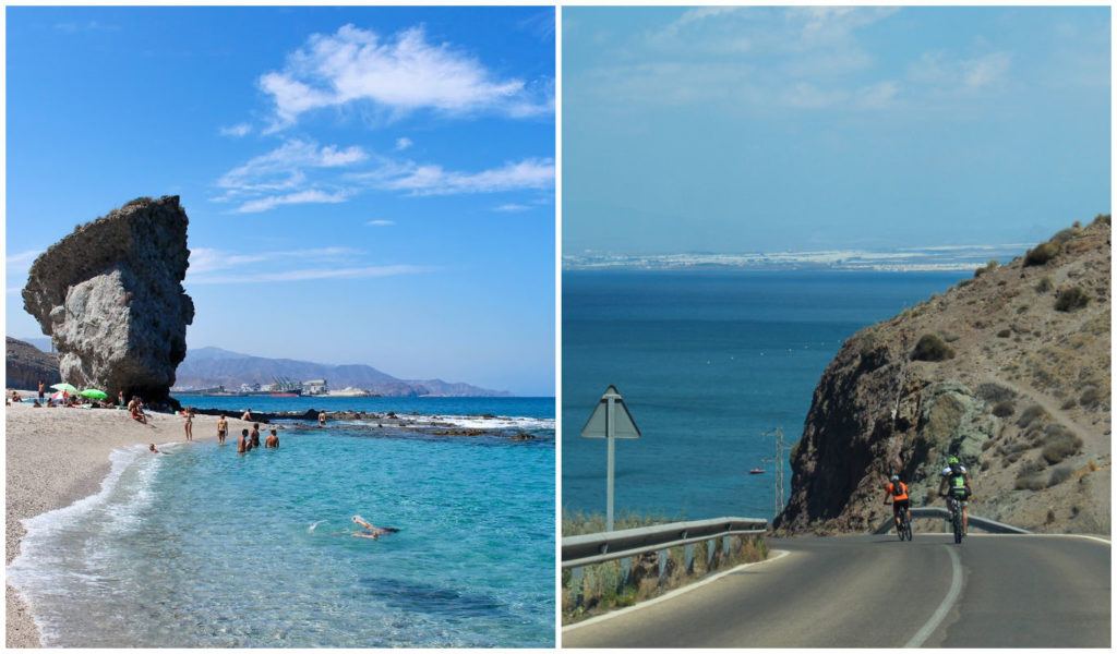 Colagem de fotos de uma praia no parque natural de Cabo de Gata e uma foto de dois ciclistas pedalando na região de Andaluzia. 