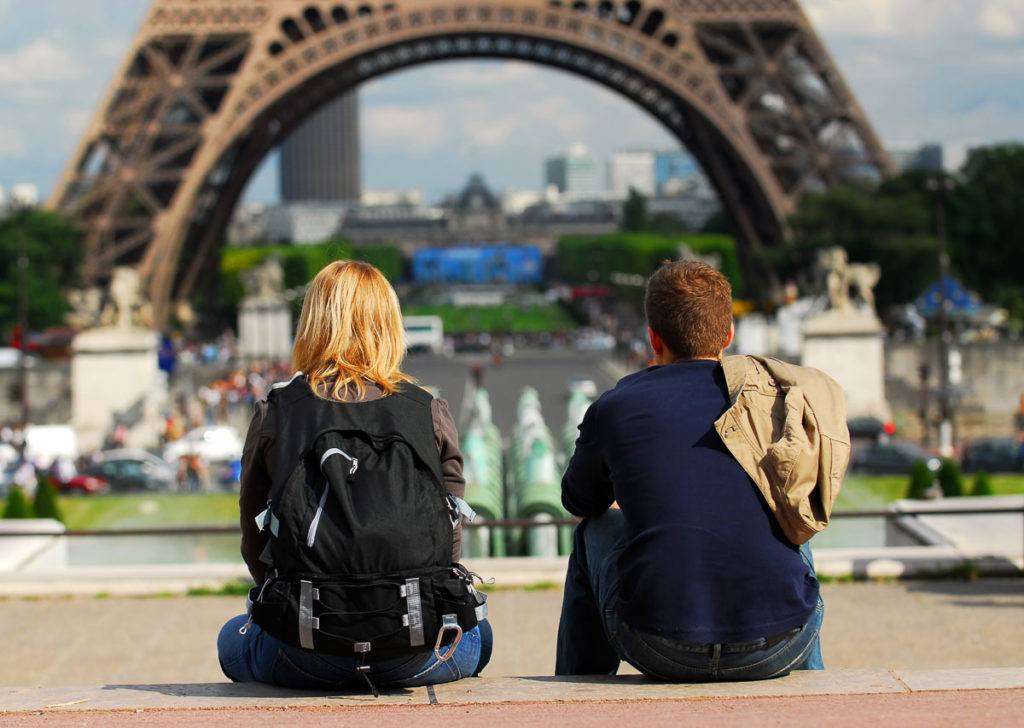 Young tourists sitting in front of Eiffel tower in Paris, France.