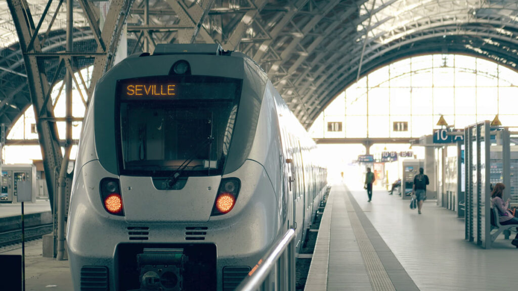 Modern train to Seville waiting in a train station in Southern Spain. Traveling to Spain advice.