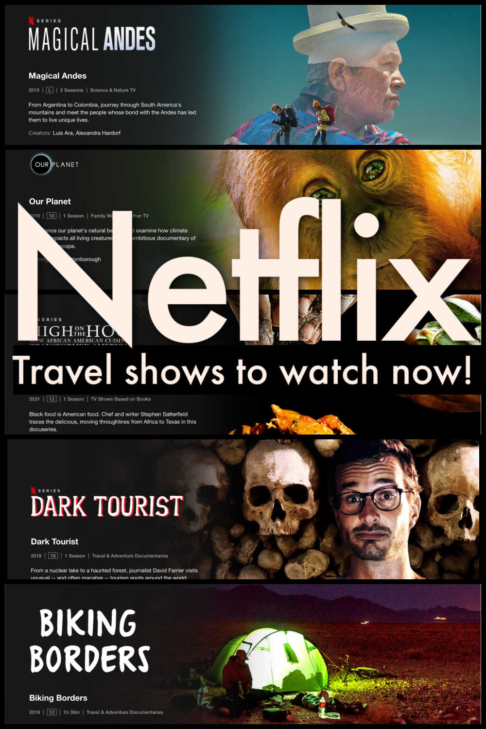 The best travel shows on Netflix streaming now! An inspiring list of travel documentaries and series on Netflix that will make you want to pack your bags and book a holiday. The list is in no particular order and it has travel and food shows, Netflix travel documentaries, dark tourism, wildlife, family travel, design and more. These travelers' Netflix series are perfect for those who want to be inspired, prepare for the next trip, or are already in a destination and want to know more about it.