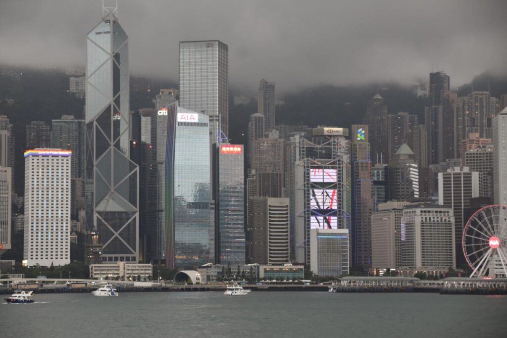 Views of Hong Kong Island from Tsim Sha Tsui waterfront in the Kowloon area.