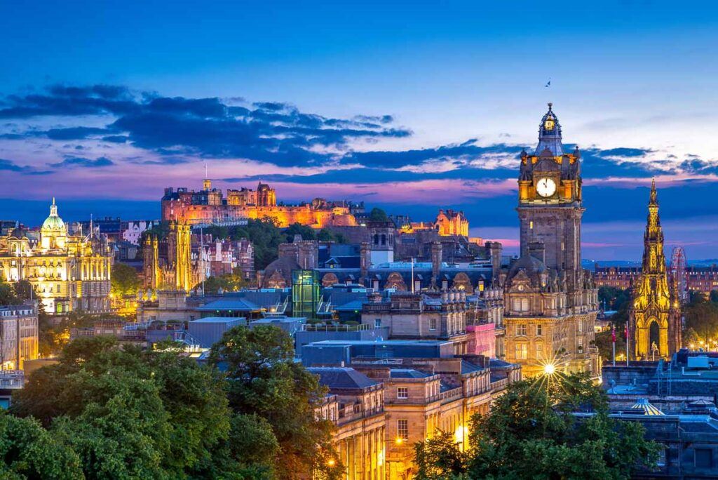 Aerial view from Calton Hill, Edinburgh, Scotland. The photo shows the old town of Edinburgh and its castle. 