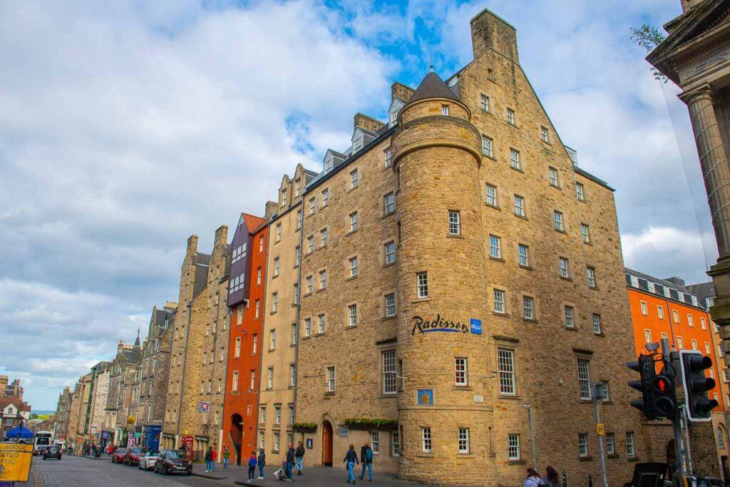 Photo of Radisson Blu hotel and spa in Edinburgh, Scotland. It shows the hotel facade. 