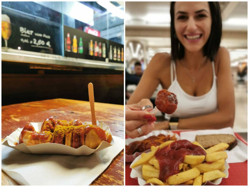 Two photos, one showing a plate of currywurst served in Berlin. Another shows a woman eating the currywurst. 