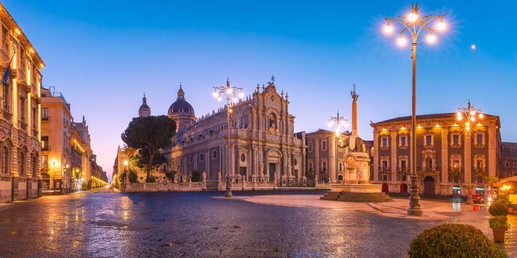Panoramic aerial view of Piazza Duomo in Catania with the Cathedral of Santa Agatha and Liotru, a symbol of Catania, Sicily.