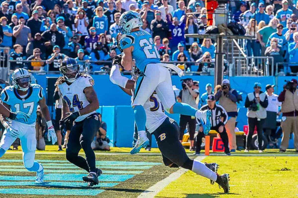 October 28, 2018 - Running Back, Christian McCaffrey (22), scores a touchdown against the visiting Baltimore Ravens at Bank of America Stadium in Charlotte, North Carolina.  The Panthers held off the visiting Ravens, 36-21.