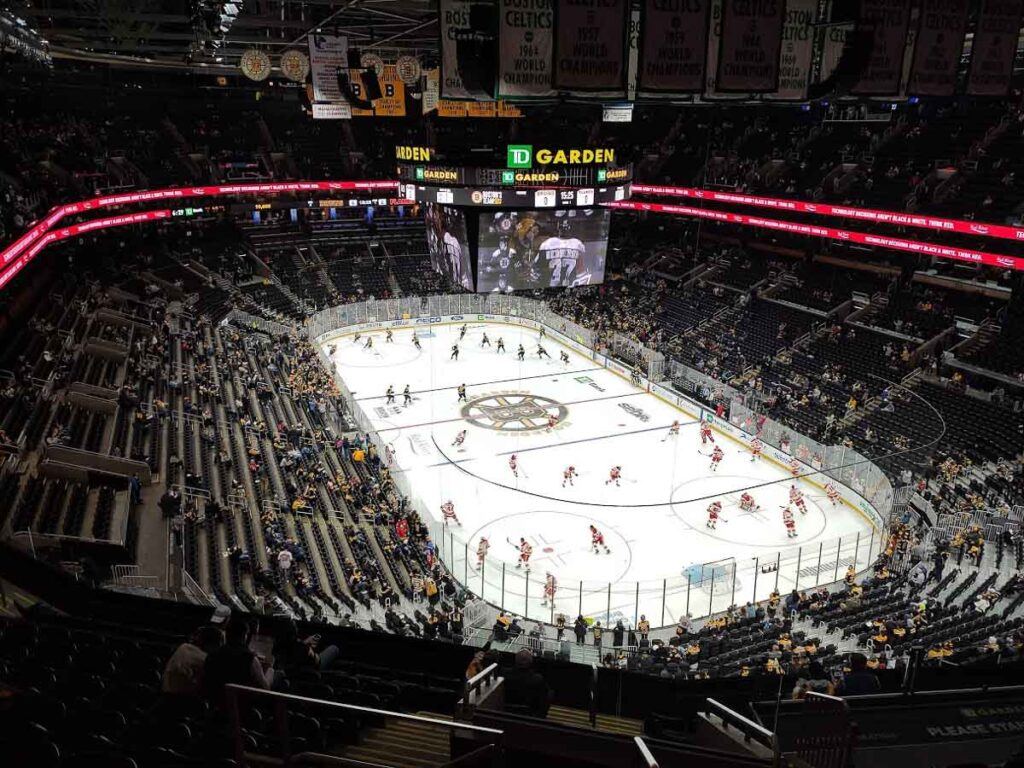 Photo of Boston Bruins hockey game at TD Garden. This is a good date idea for sports fans or couples who love hockey. 