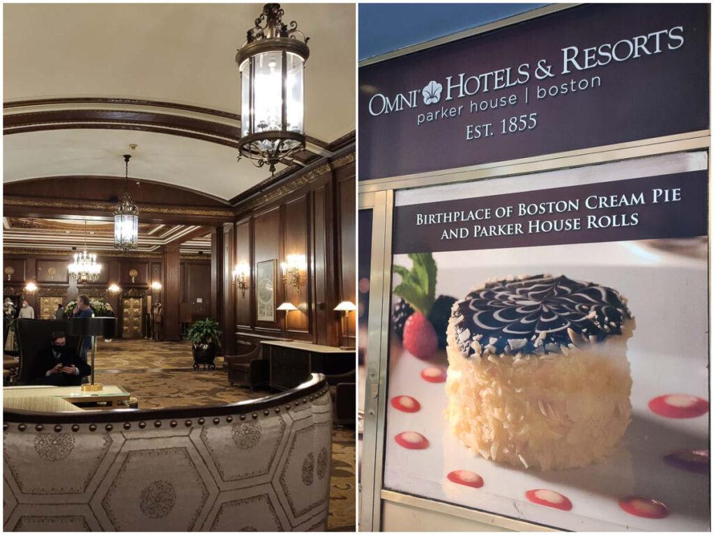 Collage of a photo of Omni Parker House hotel lobby with a picture of the famous Boston Crème Pie created at this hotel in 1855. It is a fun idea for an afternoon or night date idea in Boston. 