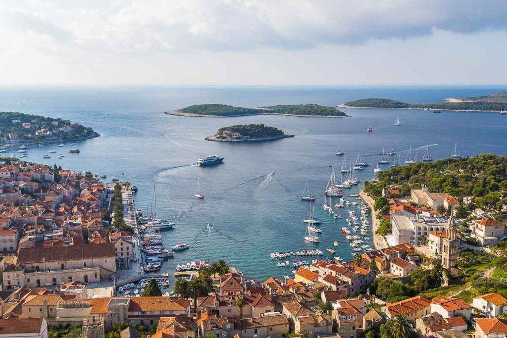 The yacht-dotted inlet of Hvar old town. It's a famous destination for parties in Croatia.