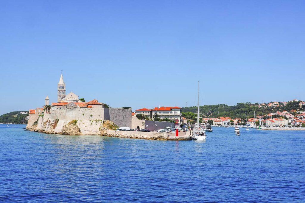 Cityscape of the city Rab, Croatia, seen from the water