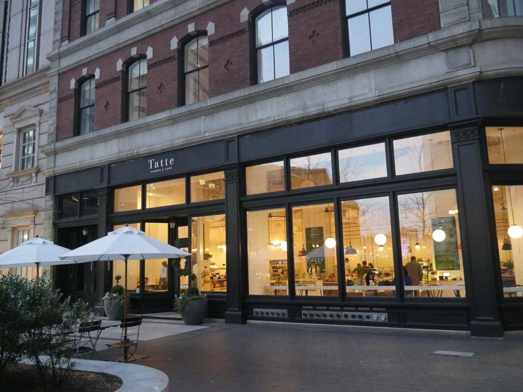 Photo of Tatte cafe facade in Boston city. It's a great place to take a date in Boston for coffee and pie. 