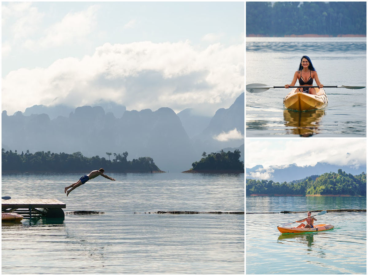 Collage of photos of people jumping into the Khao Sok lake and others kayaking in Khao Sok.