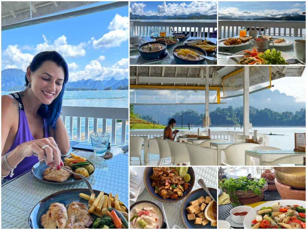 Collage of photos from the hotel restaurant showing the Khao Sok lake view and some of the food the travelers eat there.