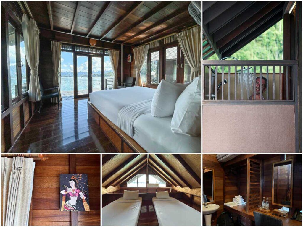 Collage of photos showing the floating bungalow at 500Rai hotel in Khao Sok national park. It shows details of the room, the open shower, and the bed with a lake view. 