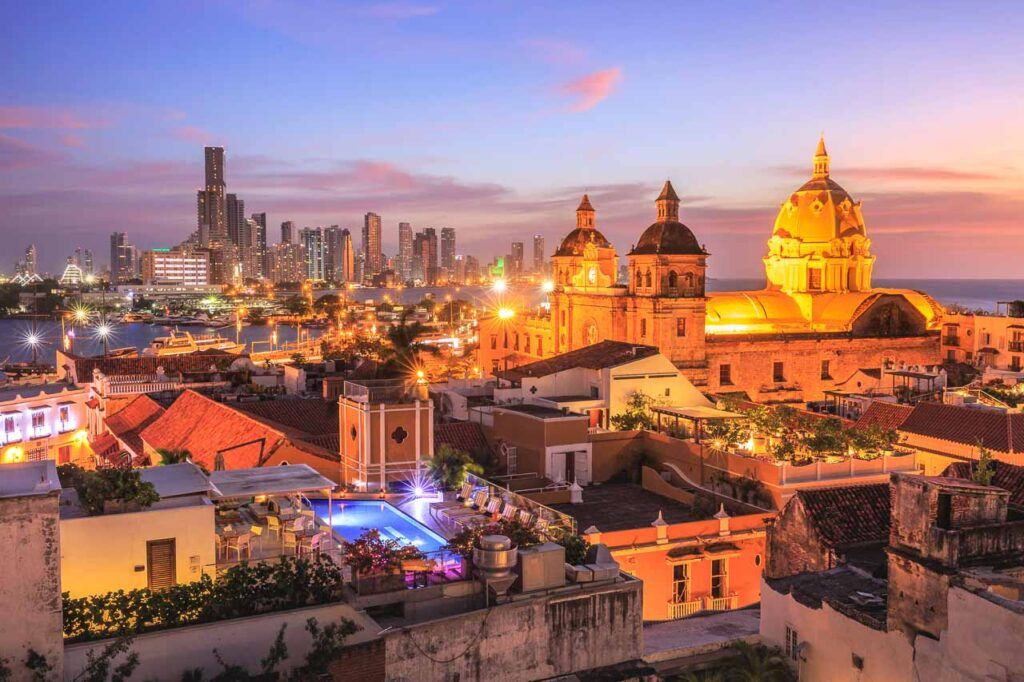 What is Colombia Known for? This photo shows the contrast between historical and modern Cartagena, one of the famous cities in Colombia.