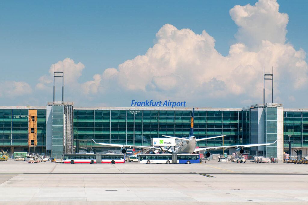 Airplane waiting for boarding at Frankfurt Main airport in Frankfurt, Germany.