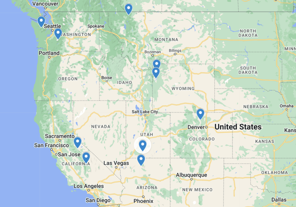 Print of a Google Map of West Coast National Parks, the blue marks show the national parks in west us you should visit this year.