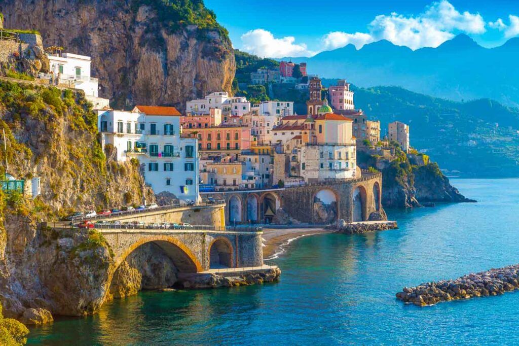 A view of small towns overlooking the sea on the Amalfi Coast.
