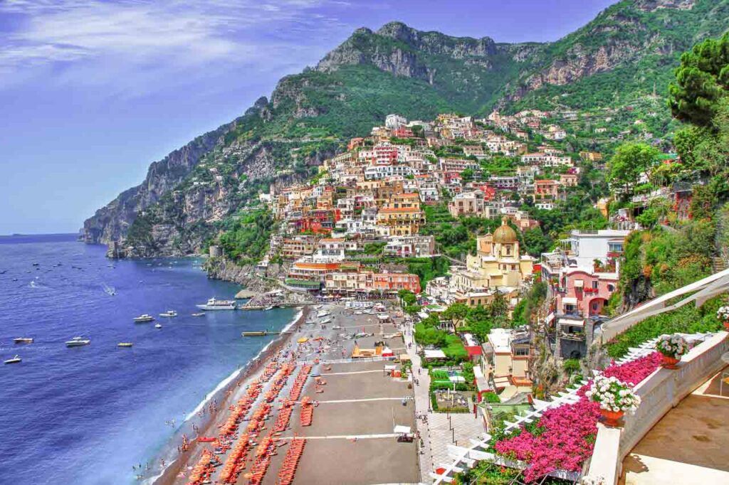 A scenic view of Positano beach and town. Positano is one of the most famous towns of Amalfi Coast.