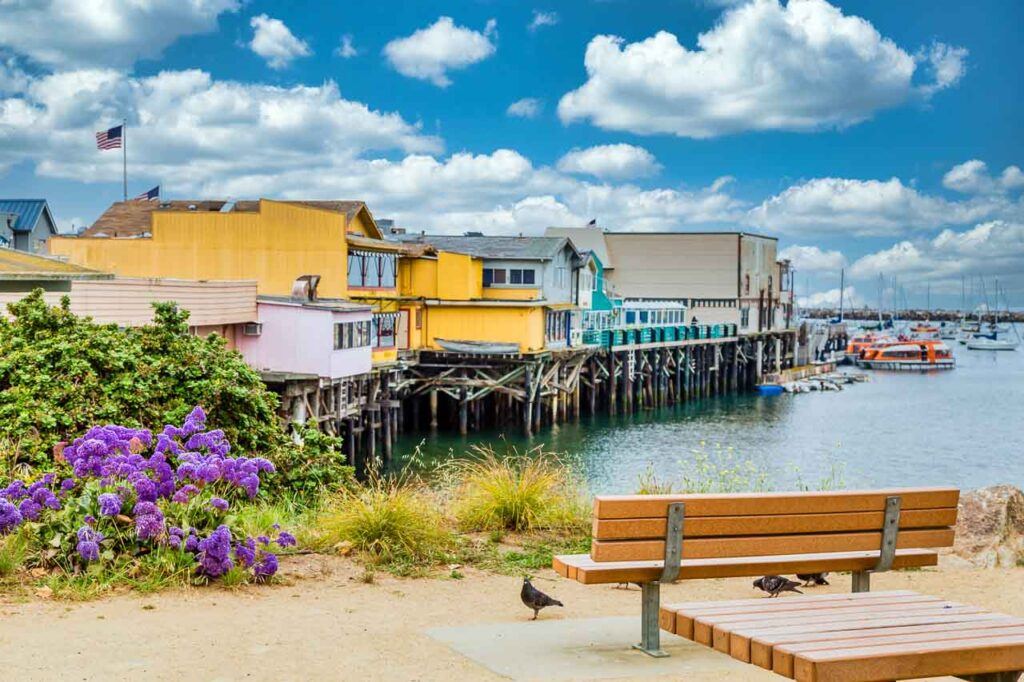 Colorful buildings on the old boardwalk in Monterey, California, USA.