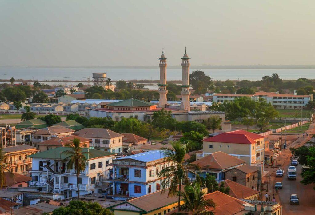 Aerial panorama view to city of Banjul and Gambia river in Africa.