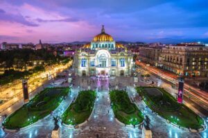 Night view from the Palacio de Bellas Artes, Palace of Fine Arts, in Mexico City. One of the main attractions in the city.