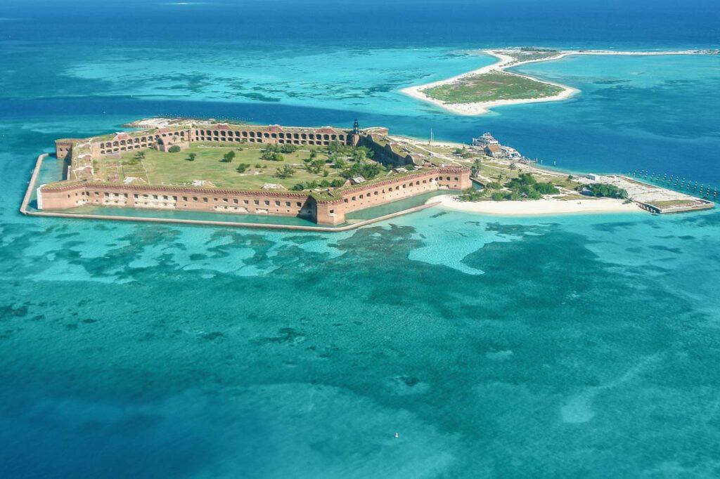 Aerial Views in Dry Tortugas National Park in Florida, United States. It shows the crystal clear sea and Fort Jefferson. This is one of the top national parks on the US east coast.