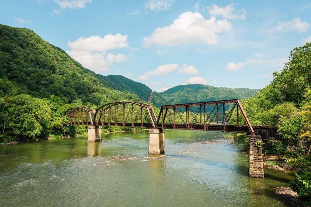 Railroad bridge over the New River, in New River Gorge National Park, West Virginia.