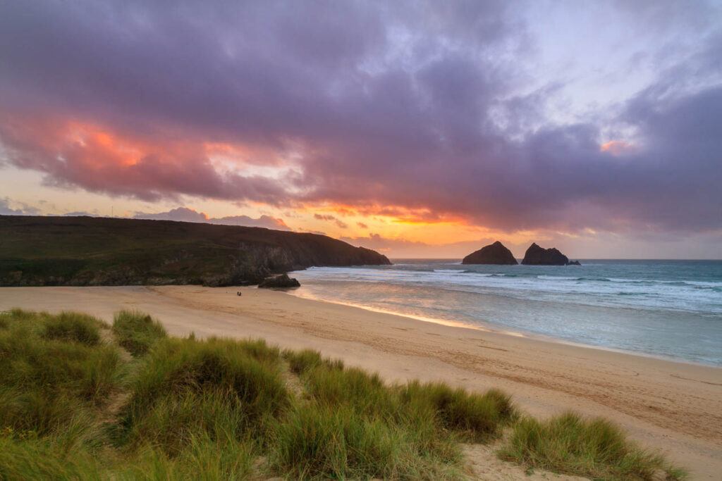 Sunset over Holywell Bay Beach in Newquay, Cornwall, England UK