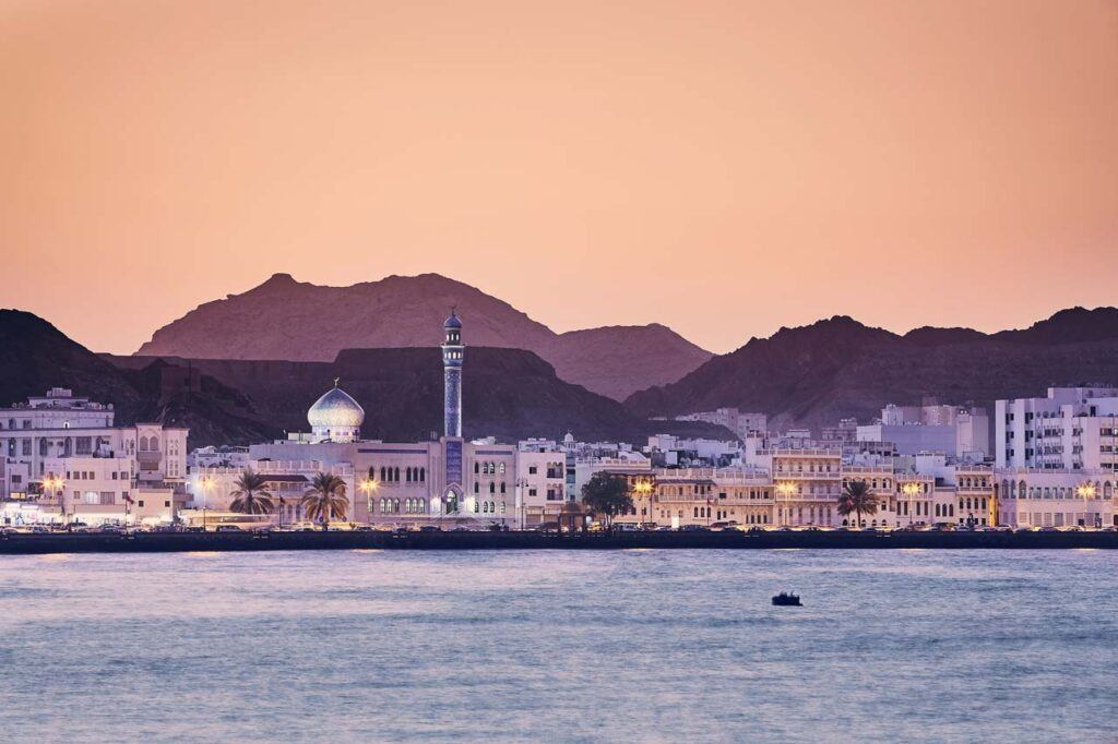 City view of Muscat city at golden sunset. The capital of Oman, a great city for food lovers, this article is about the best food in Muscat.