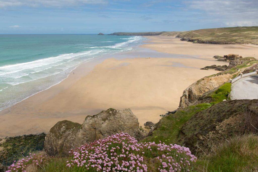 Perranporth Beaches in Newquay. Long stretches of sand and great waves.