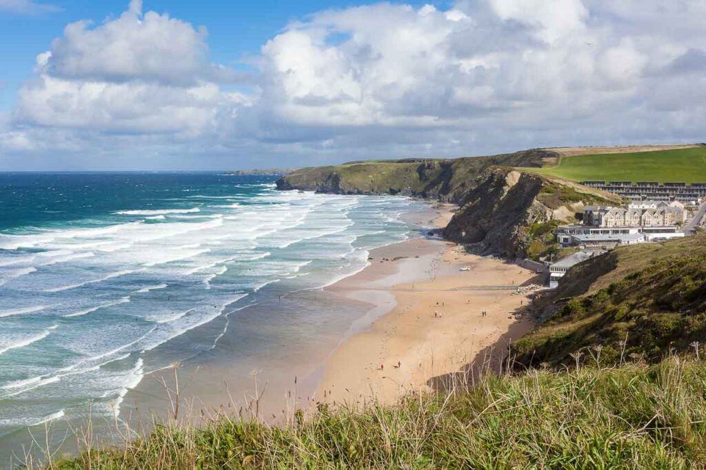 Photo of Watergate Bay in Cornwall, England, UK. It's a favored beach in Newquay for surfing, particularly for beginners.
