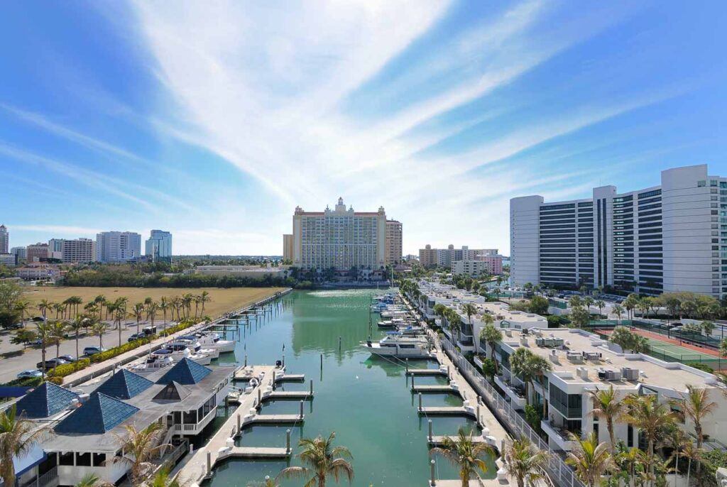 Photo of Marina and luxury hotel high rises in Sarasota, Florida.