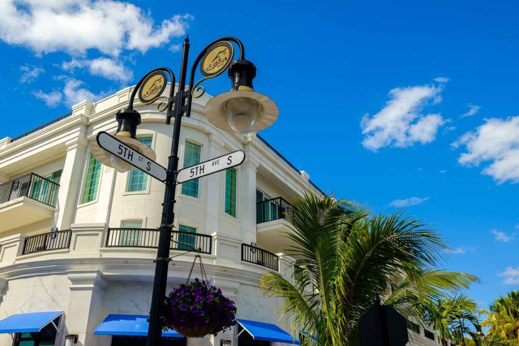 Scenic fifth avenue cityscape in the popular downtown district in Naples, Florida.