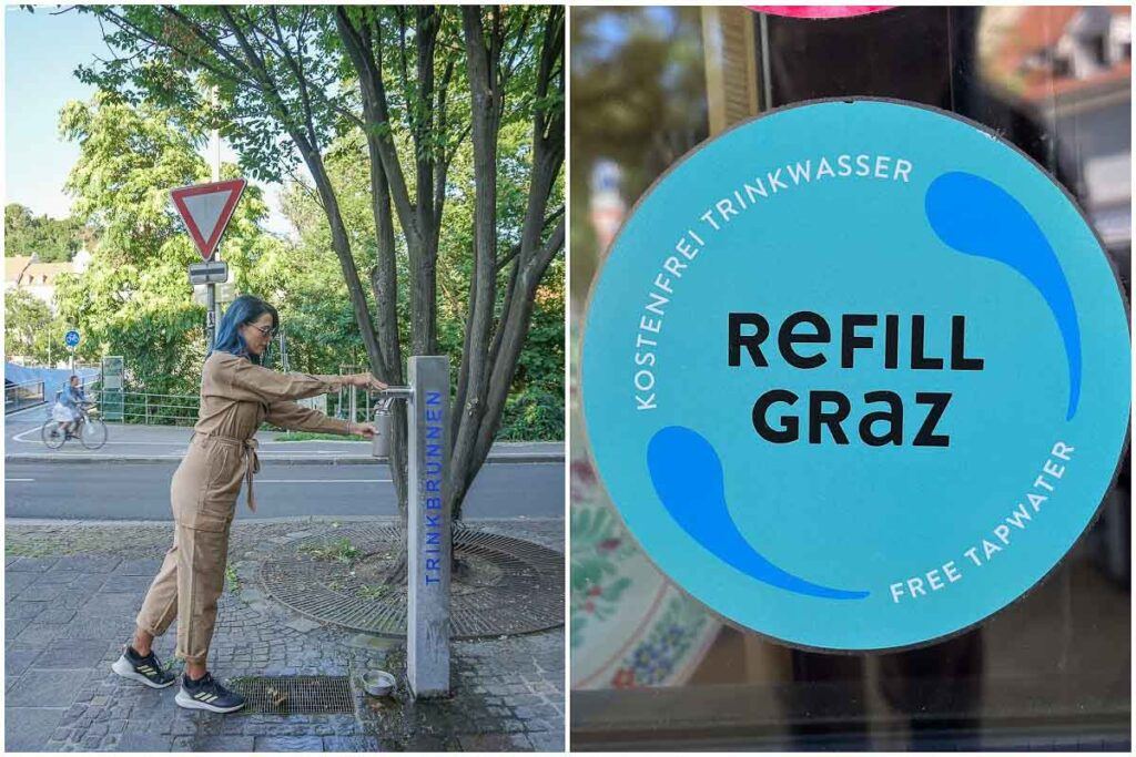 Colagem de duas fotos. Uma é de uma mulher enchendo de água uma garrafa reutilizável e a outra é do adesivo Refil Graz, que mostra onde você pode reabastecer sua garrafa sem custo algum. 