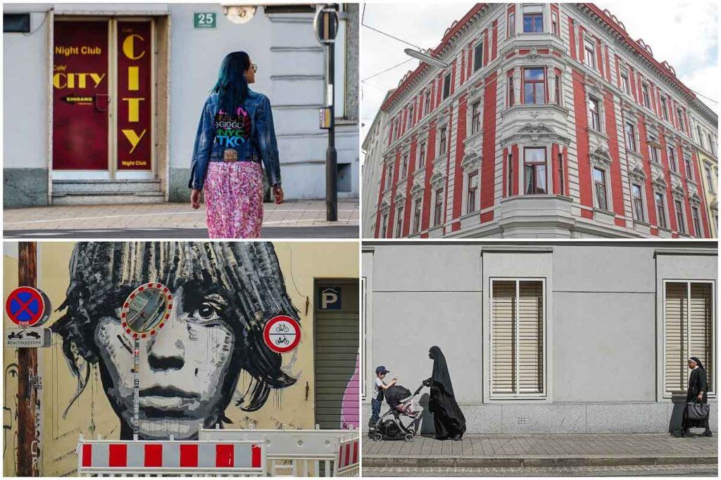 Colagem de fotos dos bairros de Lend e Gries, Graz. Mostra arte de rua, uma mulher andando na frente de um club, arquitetura histórica, uma freira e uma mulher muçulmana andando próximas.  