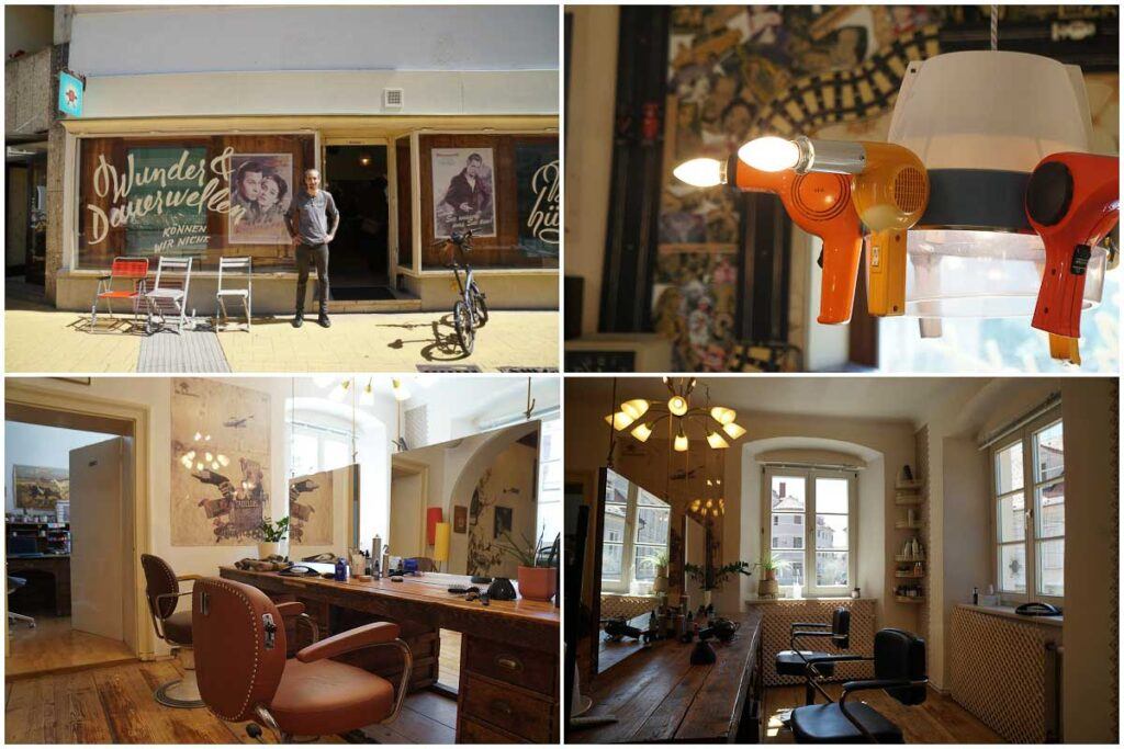 Photos of a hair salon in Graz, Austria. Shows the details of the recycled and upcycled items and decorations. It's one of the sustainable travel tips in Graz.  