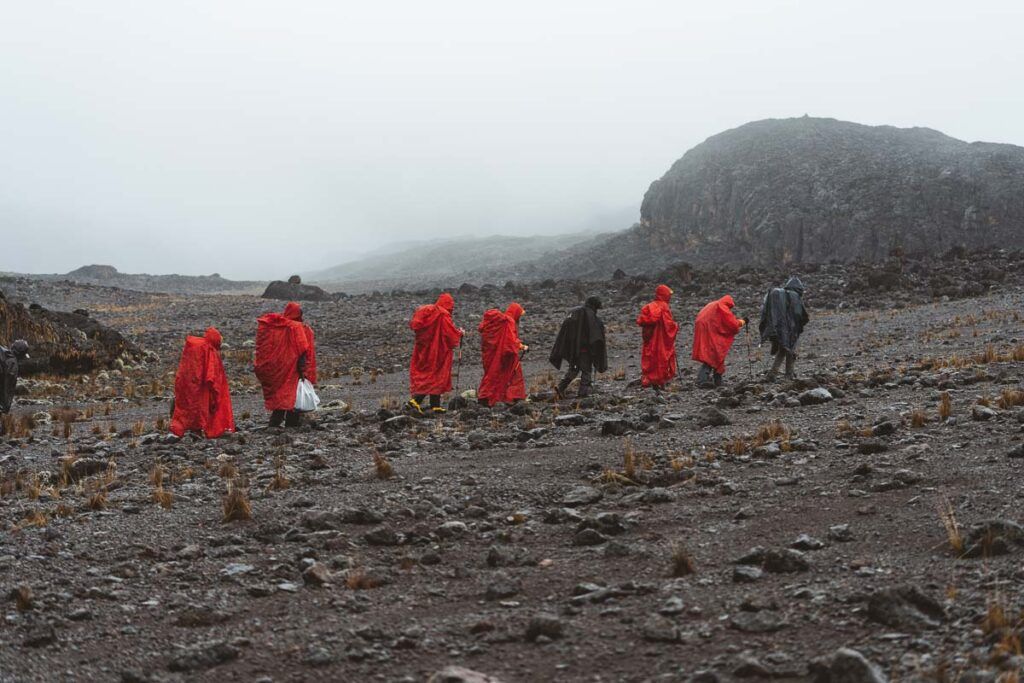 Group climbing Mt. Kilimanjaro Lemosho route during bad weather. 