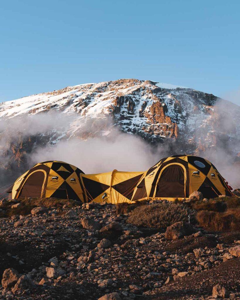 Tent camped at Lemosho route Kilimanjaro. One of the many base camps travelers will use during the climbing.