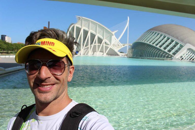 Rob wearing his Ironman cap while exploring the City of Arts and Sciences in Valencia, Spain.