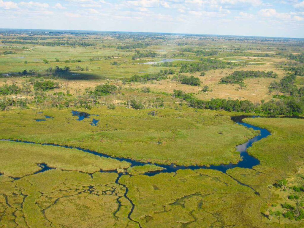 Okavango Delta from the air, before full flood. The best time to travel to Botswana to see the flood is between June and August.