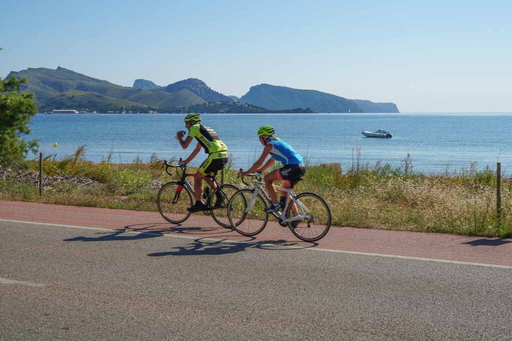 Two bikers cycling in Mallorca Spain