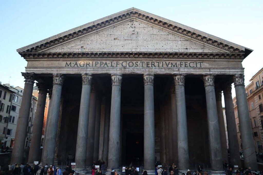 Pantheon in Rome, photo of its ancient facade dating back to 27 BC.